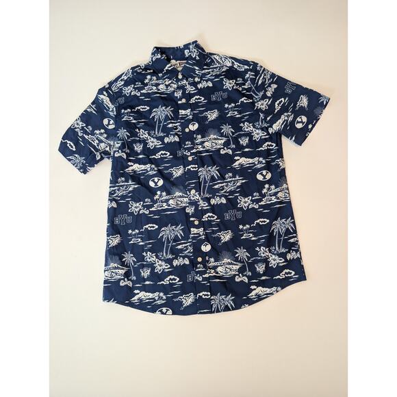 NWT Reyn Spooner University BYU Cougars Utah Blue Hawaiian Button Down Shirt S - Picture 1 of 9